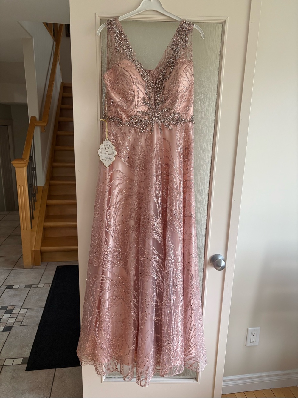 Vera Wang Rose Blush Beaded V-Neck Maxi Gown
